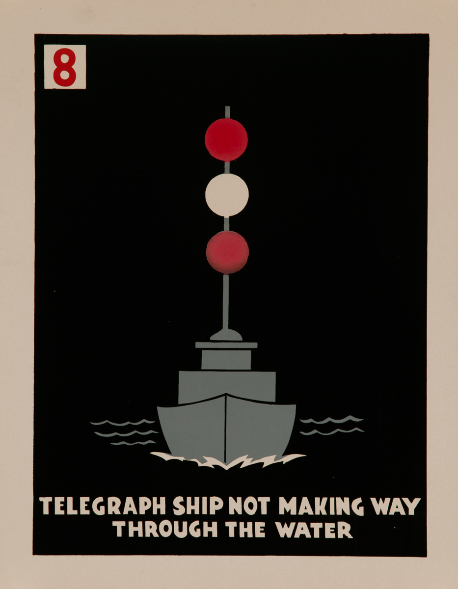 Telegraph Ship Not Making Way Through the Water, Original American Naval Training Chart, Running Lights