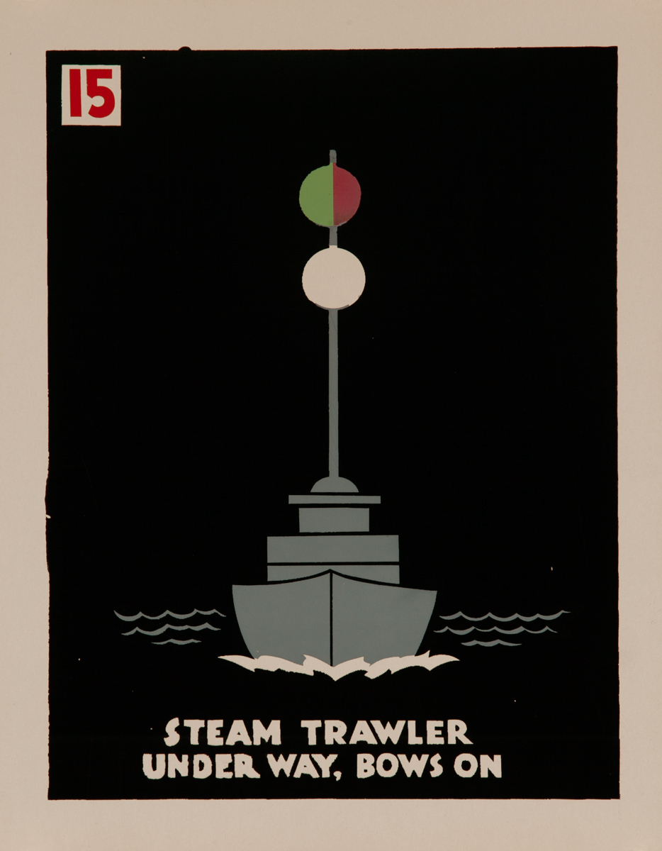 Steam Trawler Under Way, Bows On, Original American Naval Training Chart, Running Lights