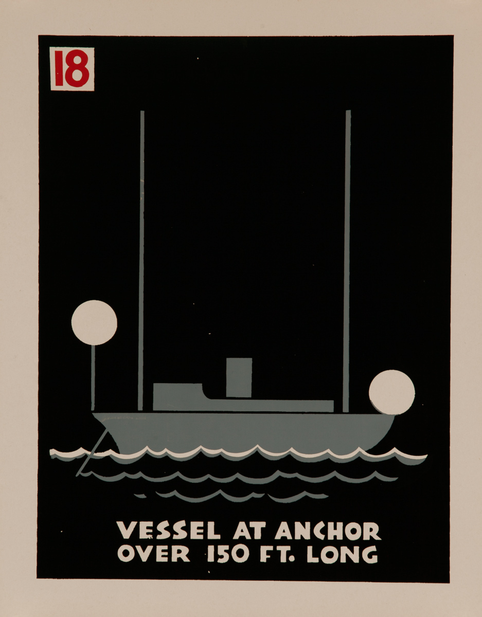 Vessel At Anchor over 150 Ft. Long, Original American Naval Training Chart, Running Lights