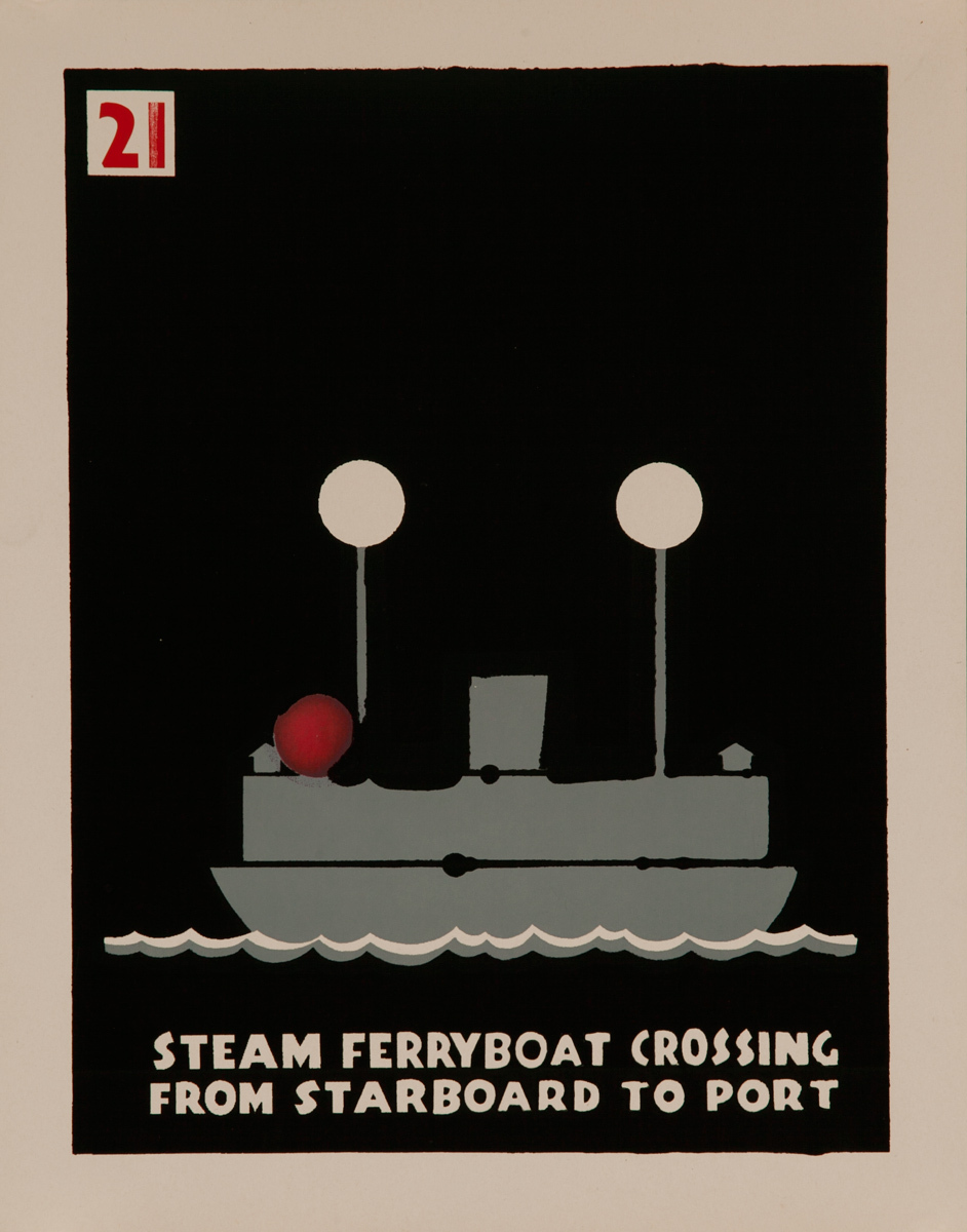 Steam Ferryboat Crossing From Starboard to Port, Original American Naval Training Chart, Running Lights