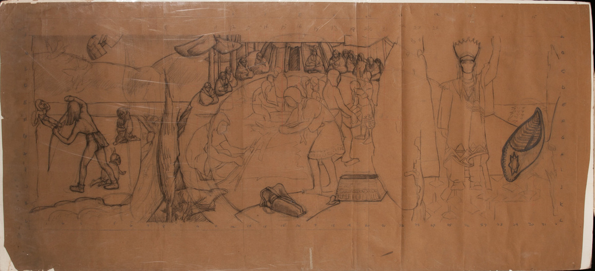 Original WPA Mural Artwork, preliminary,  Life of Hiawatha at Edgewood School