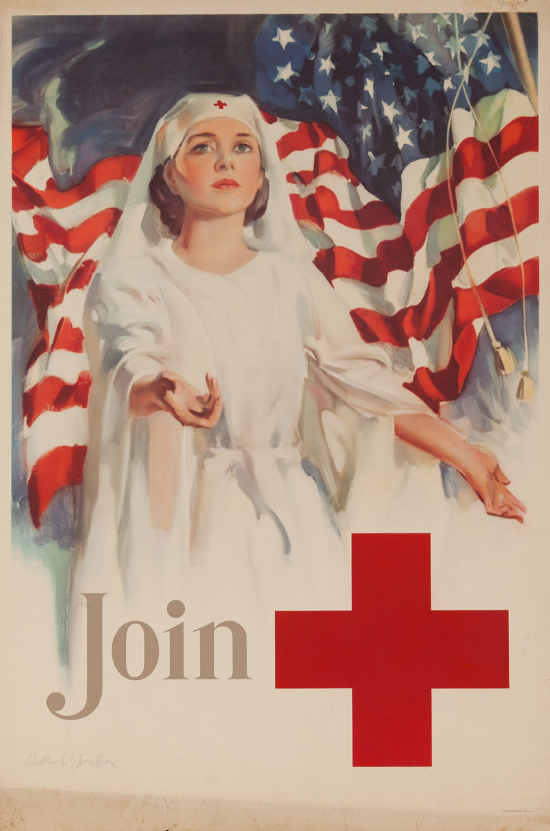 Join, Nurse in Front of American Flag, Original American Red Cross Poster