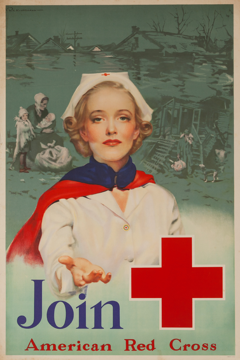 Join, Original American Red Cross Poster, Nurse in Front of Flood Scene 