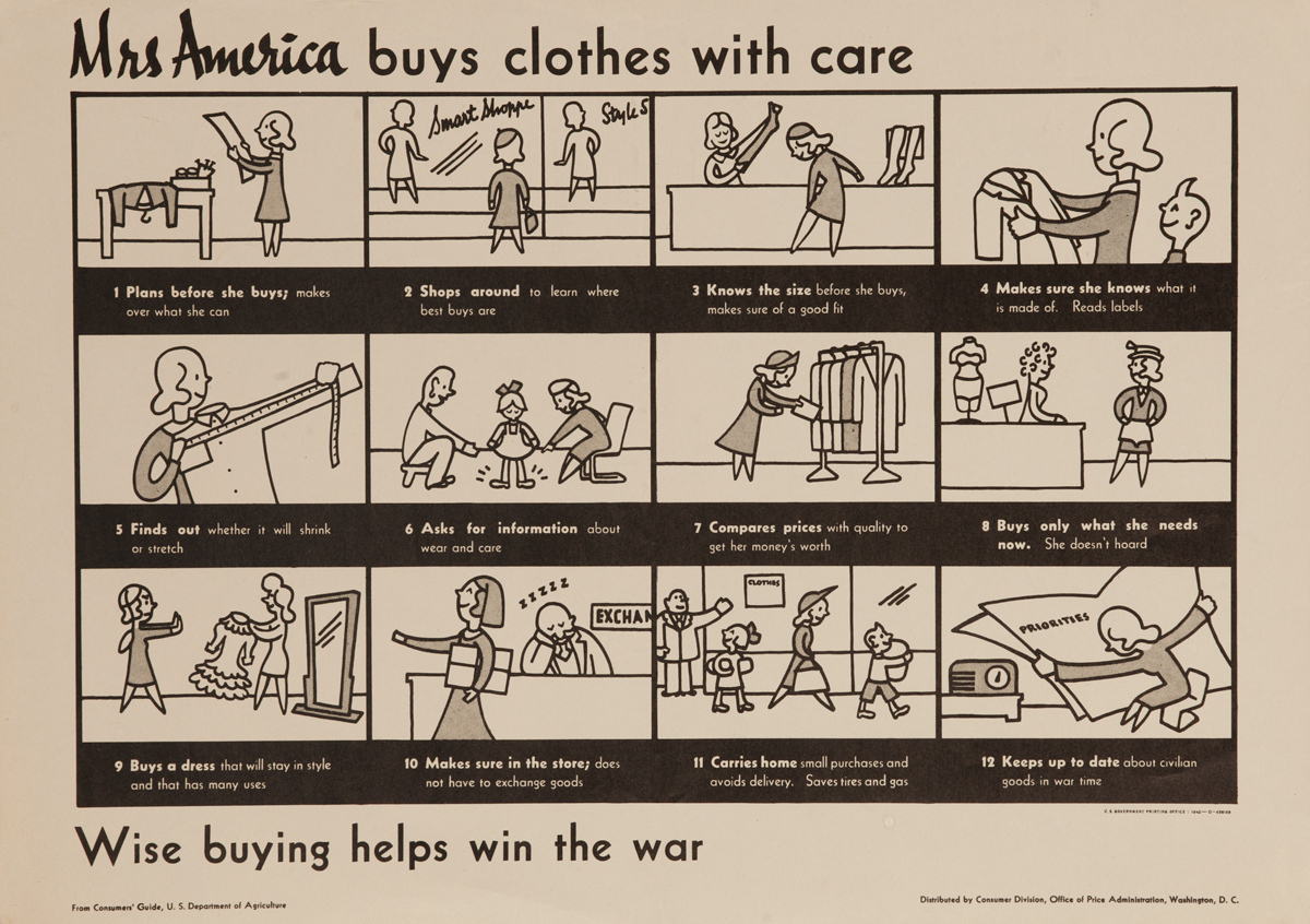 Mrs. America Buys Clothes With Care, Original American WWII Conservation Poster