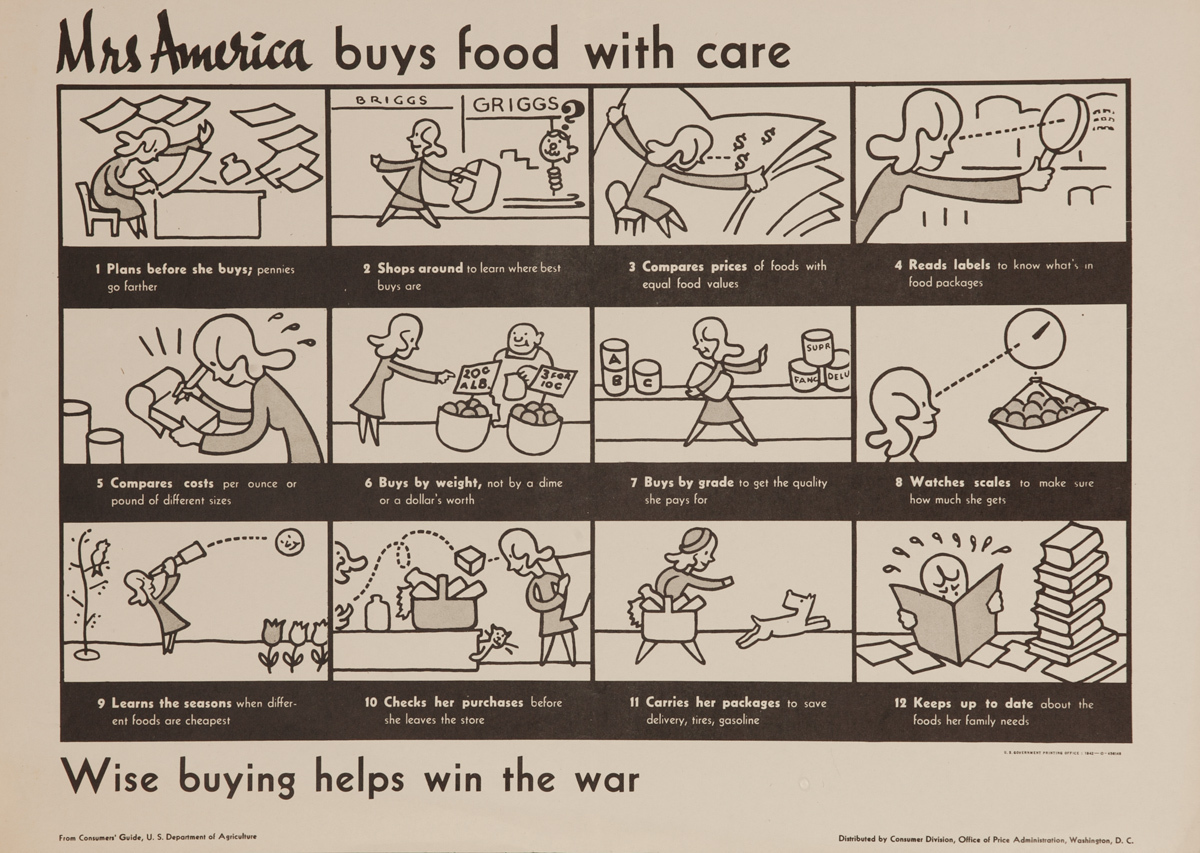 Mrs. America Buys Food With Care, Original American WWII Conservation Poster