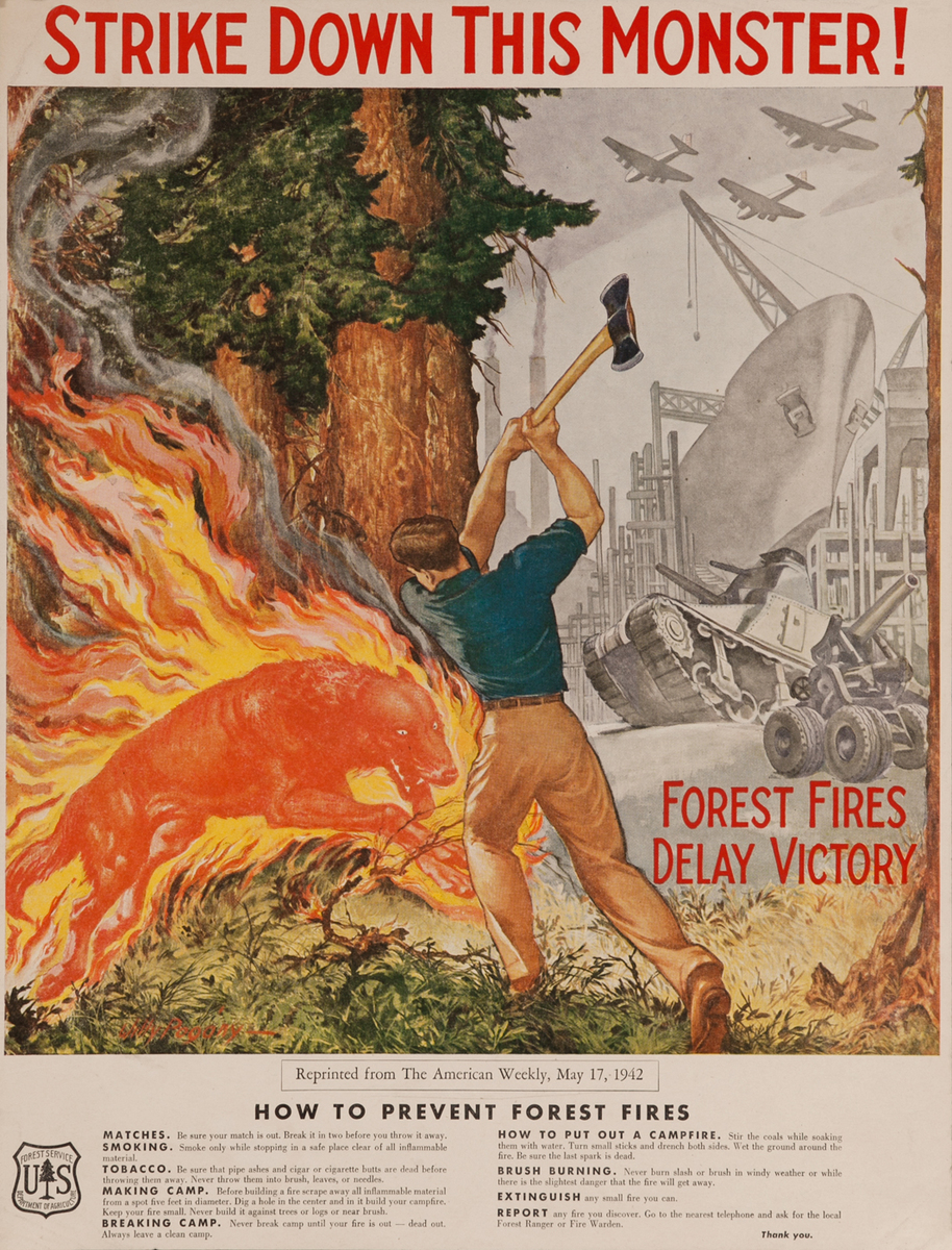 Strike Down this Monster! Forest Fires Delay Victory Original American Department of Agriculture Poster 