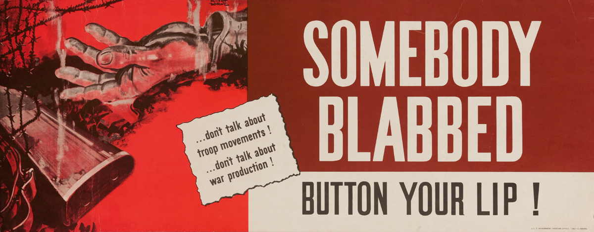 Somebody Blabbed, Button Your Lip, Original American WWII Careless Talk Poster, red