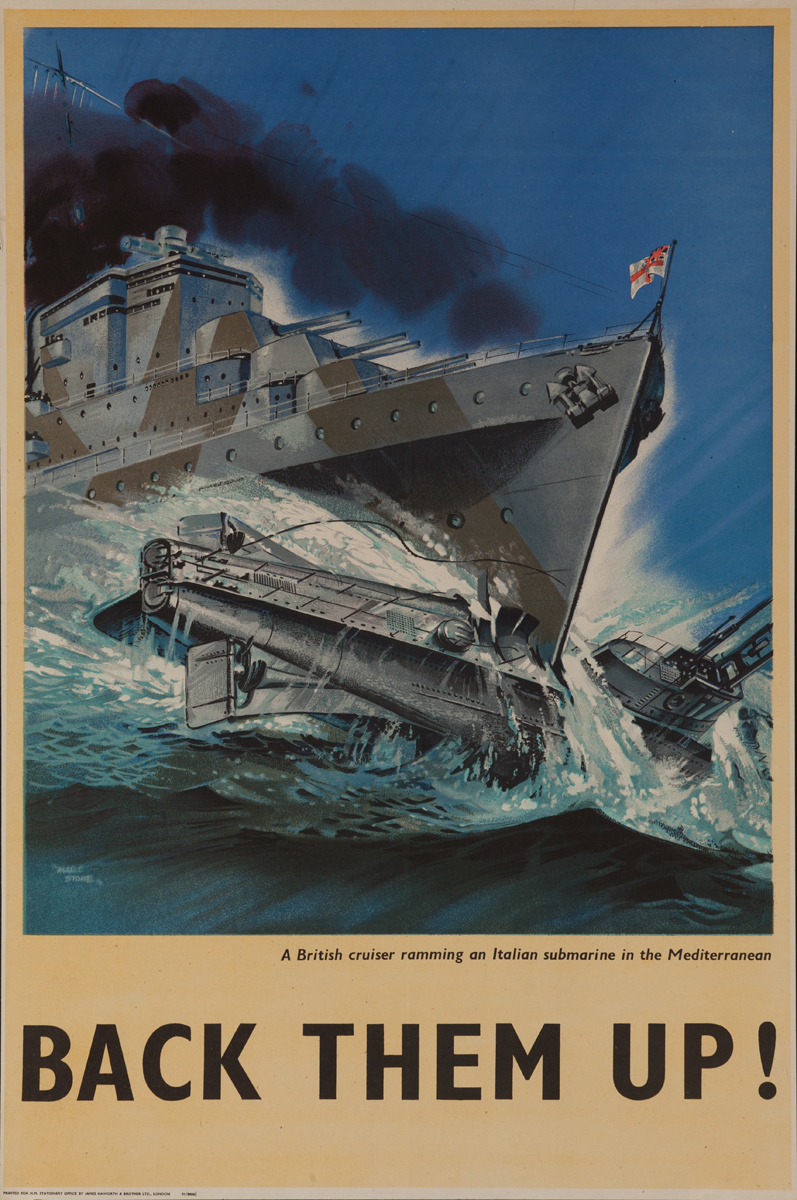 Back Them Up! A British Cruiser Ramming an Italian Submarine in the Mediterranean, Original British WWII Poster