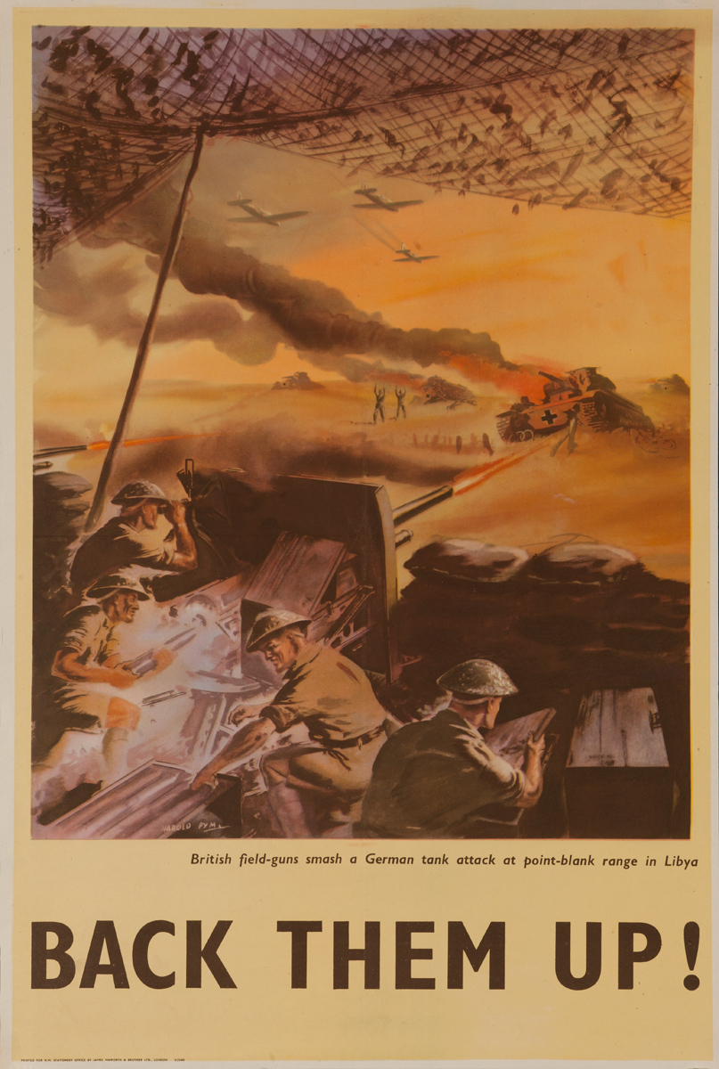 Back Them Up! British Field Guns Smash German Tank Attack at Point Blank Range in Libya&#65292; Original British WWII Poster