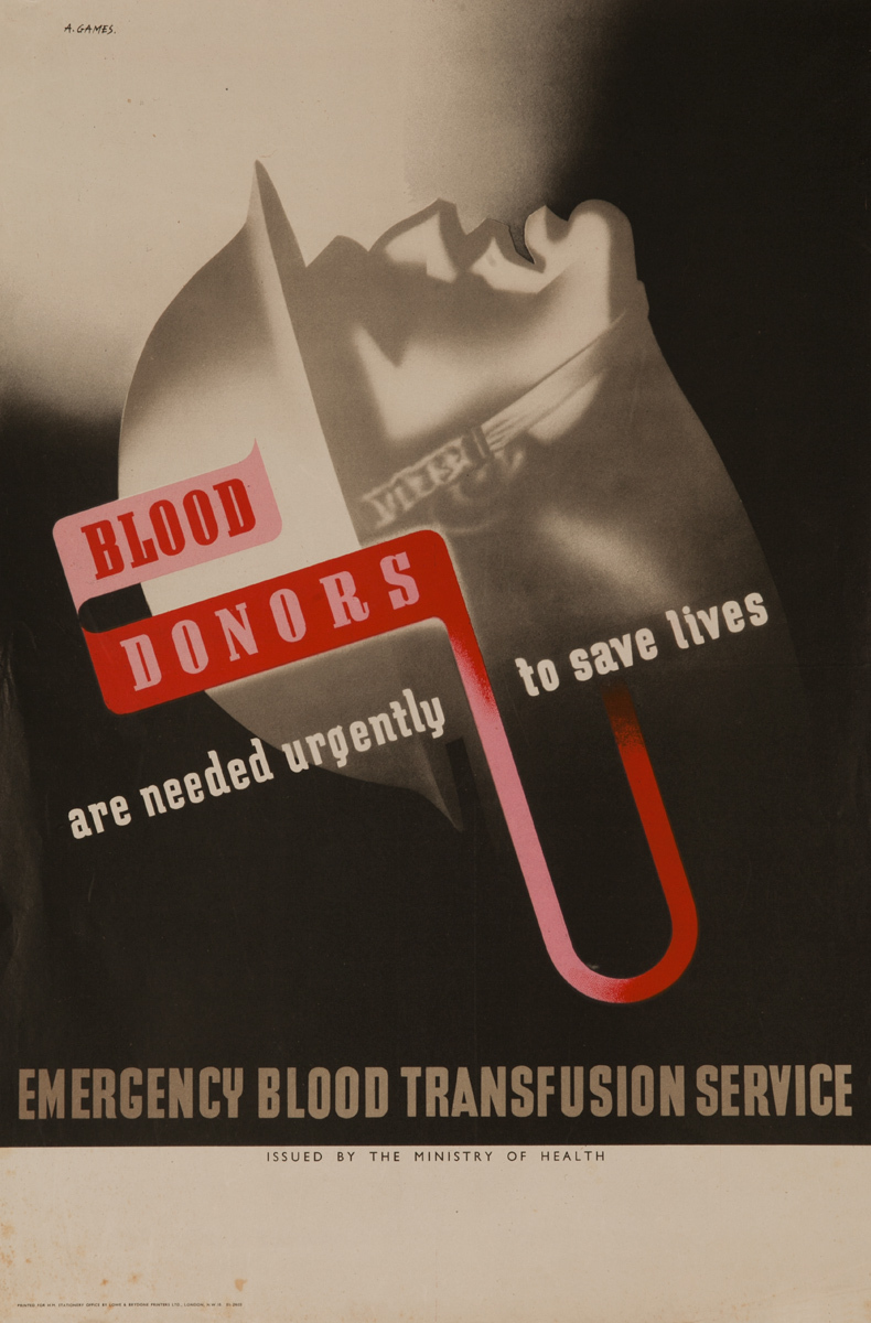 Blood Donors are Needed Urgently to Save Lives. Emergency Blood Transfusion Service, Original British WWII Poster