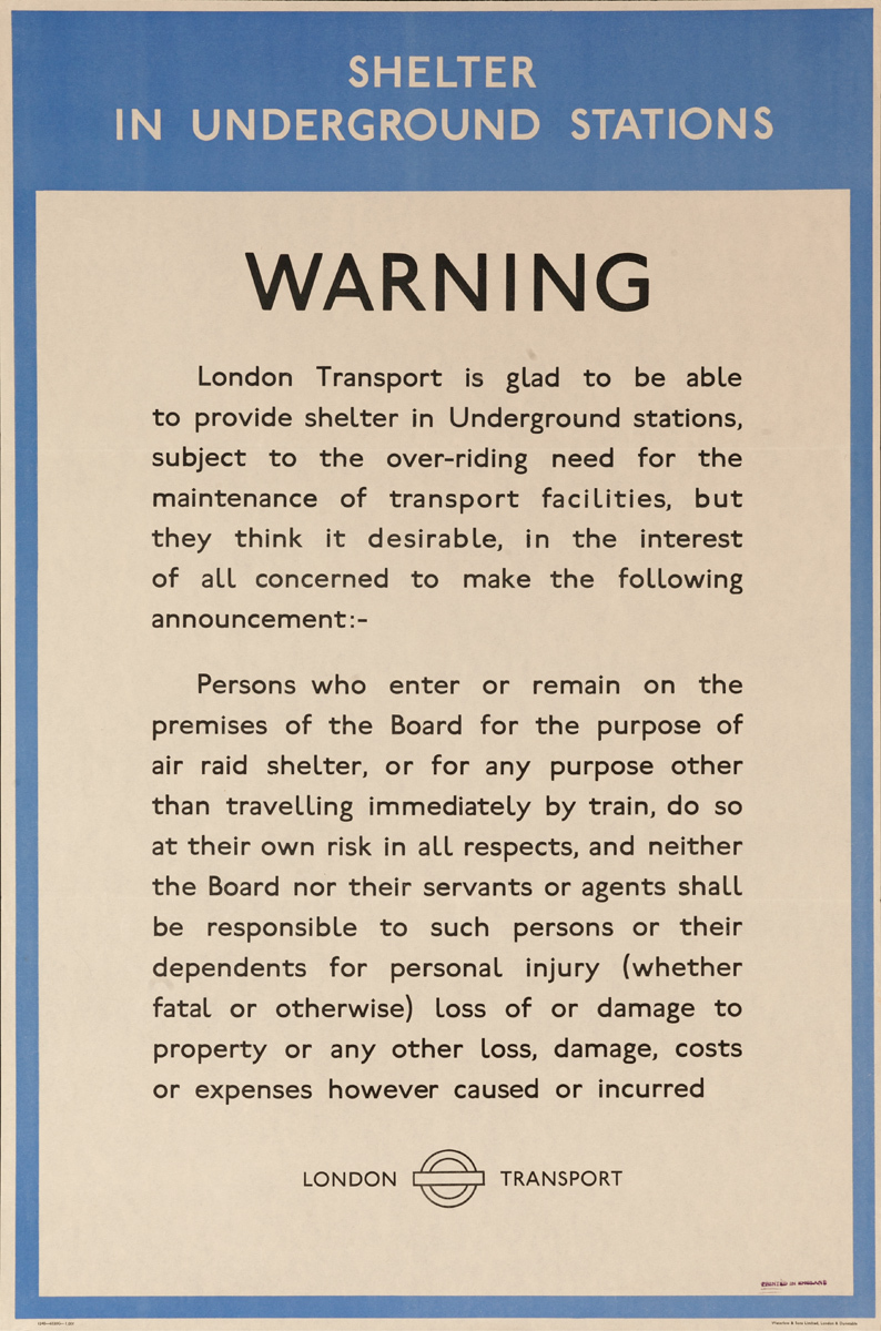 Shelter in Underground Stations, WARNING, Lonson Transport, Original British WWII Poster