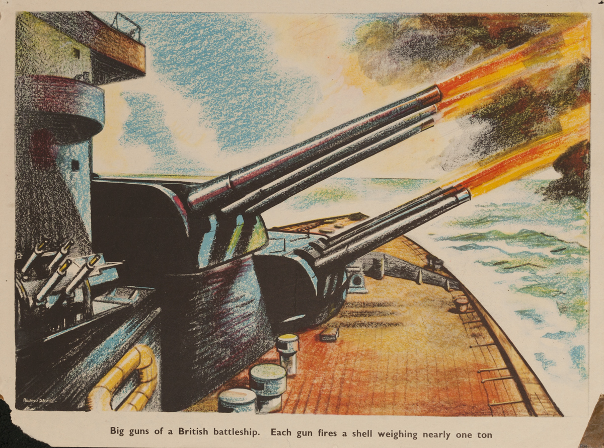 Big guns of a British battleship, each gun fires a shell weighing nearly one ton, Original British WWII Poster