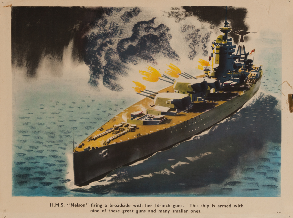 H.M.S. Nelson firing a broadside with her 16 inch guns, this ship is armed with 9 of these great guns, and many smaller ones, Original British WWII Poster