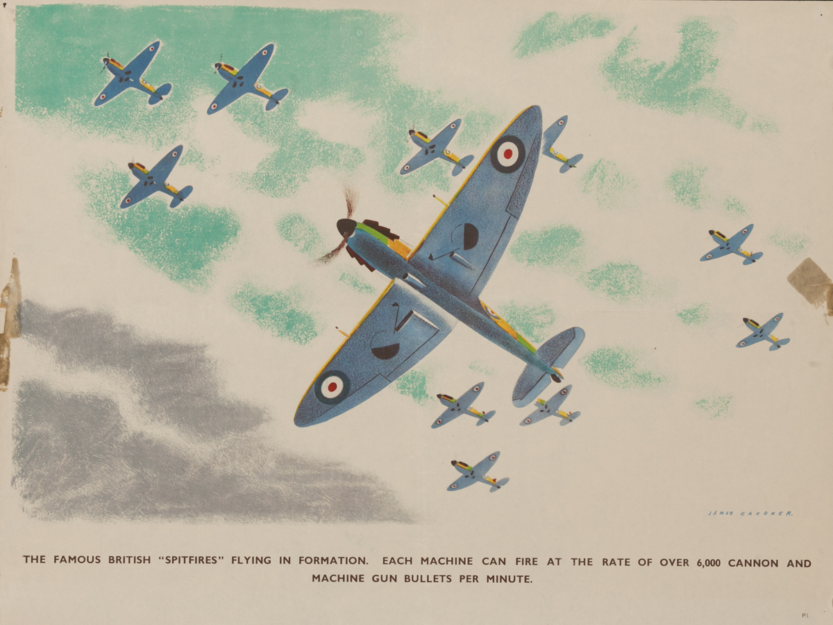 The famous British Spitfires, flying in formation, each machine can fire at the rate of over 6,000 cannon and machine gun bullets per minute, Original British WWII Poster