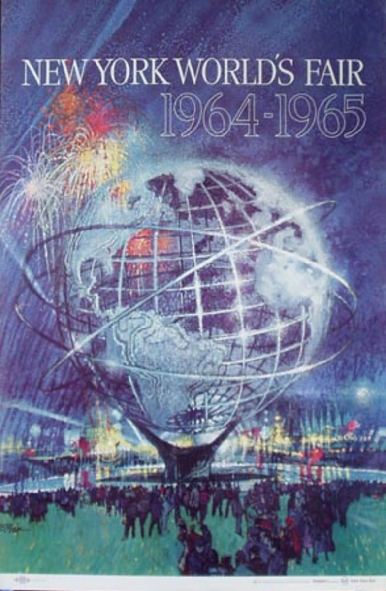 Original Vintage 1964 World's Fair Poster, sphere at night blue
