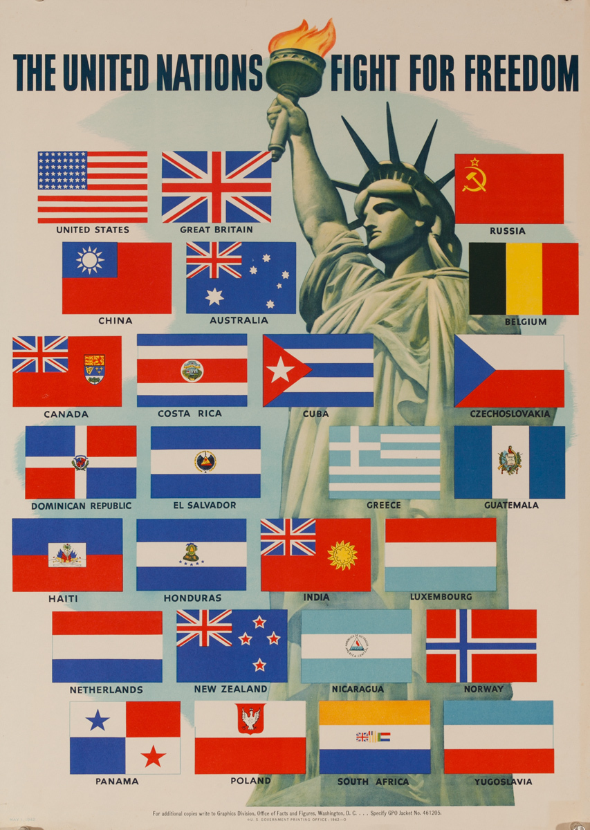 United Nations Fight for Freedom, Original American WWII Poster Statue of Liberty