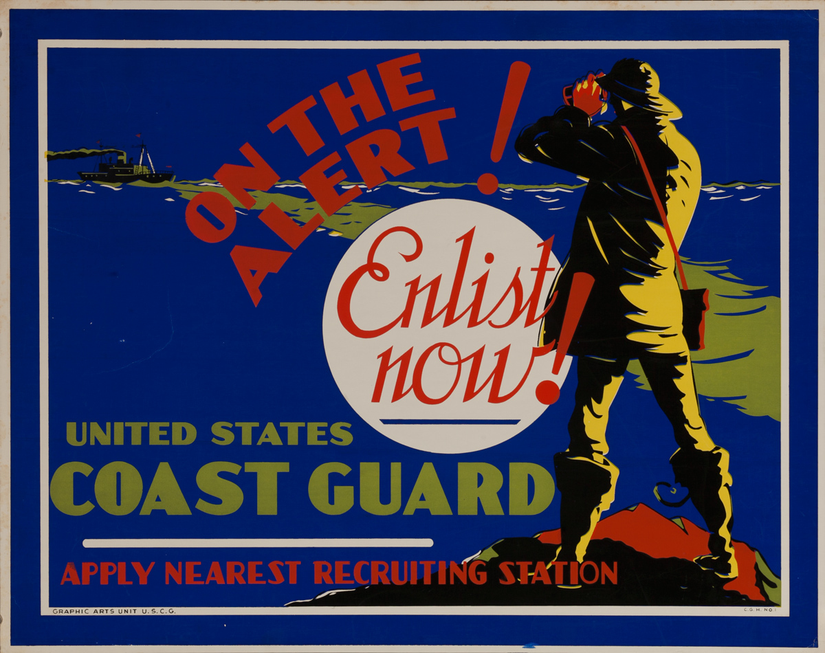 On the Alert! Enlist Now!, U.S. Coast Guard, Original American WWII Recruiting Poster