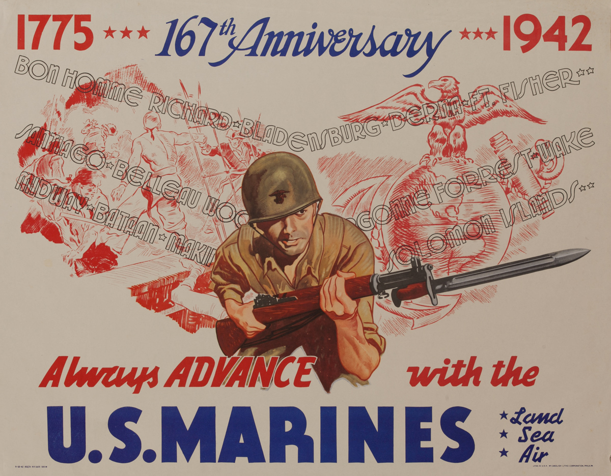 1775 -1942, 167 Anniversary, Always Advance With the U.S. Marines, Land Sea Air,  Original American WWII Recruiting Poster