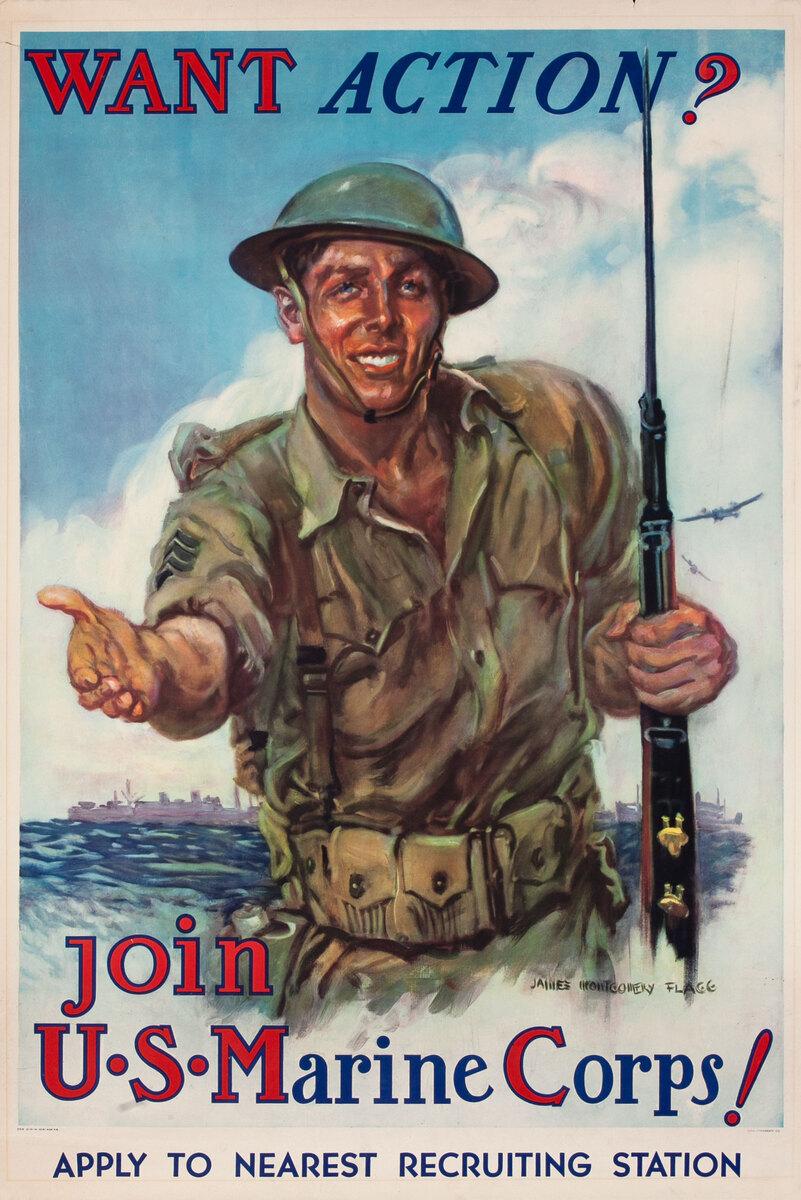 Want Action? Join the U. S. Marine Corps, Original American WWII Recruiting Poster