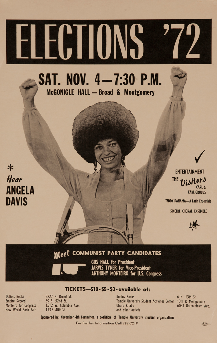 Elections '72, Hear Angela Davis Original American Political Poster