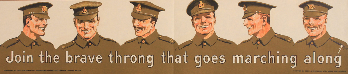 Join the brave throng that goes marching along, British WWI Parliamentary Recruiting Committee Poster