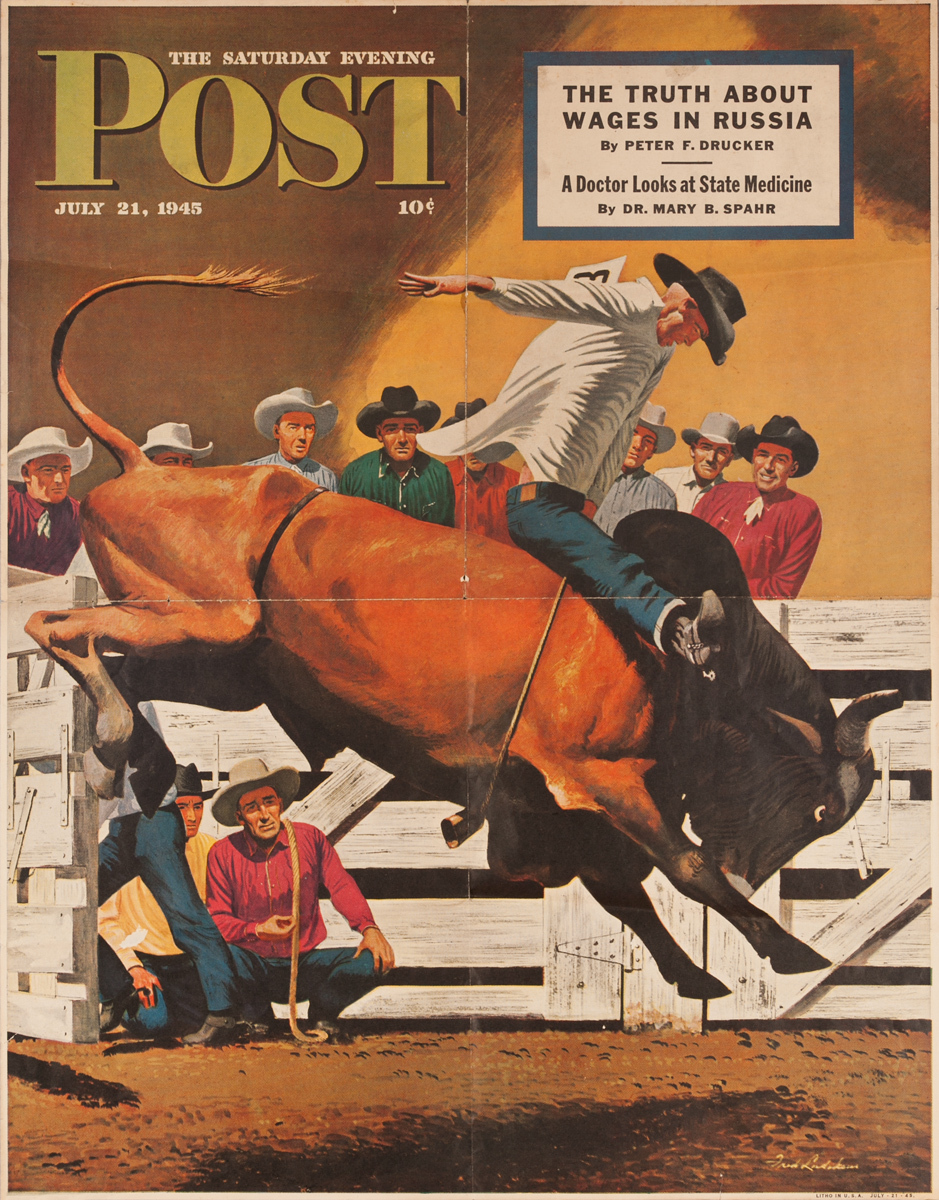 Saturday Evening Post Original Advertising Poster, July 21, 1945 Rodeo Bullrider