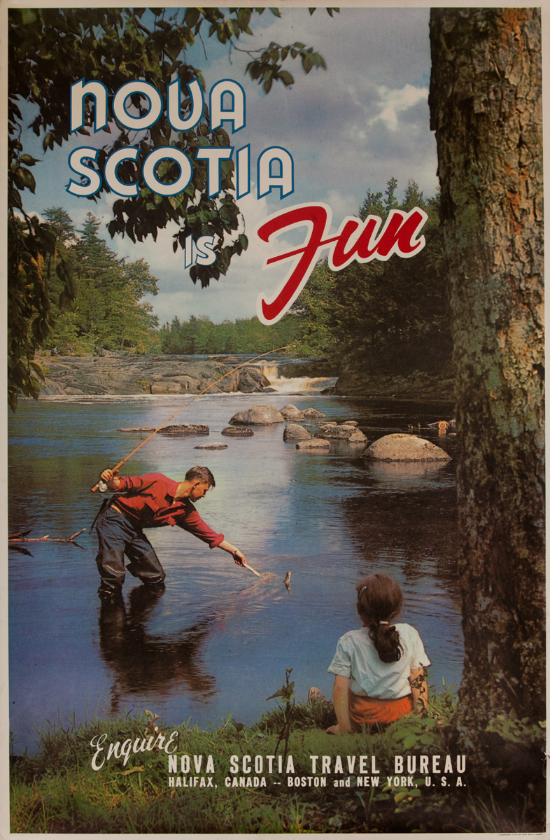 Nova Scotia is Fun, Original Canadian Travel Poster, Flyfishing