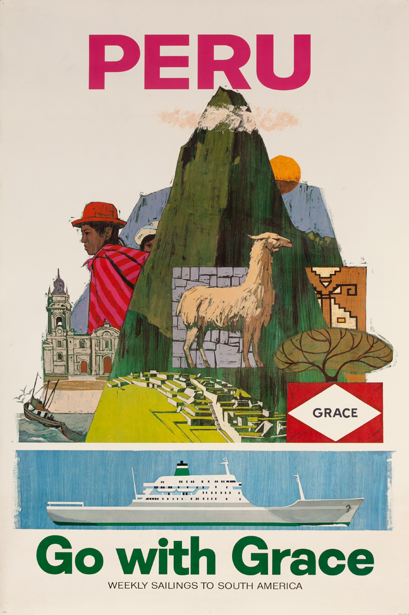 Peru, Go with Grace, Weekly Sailings to South America, Original Cruise Line Poster