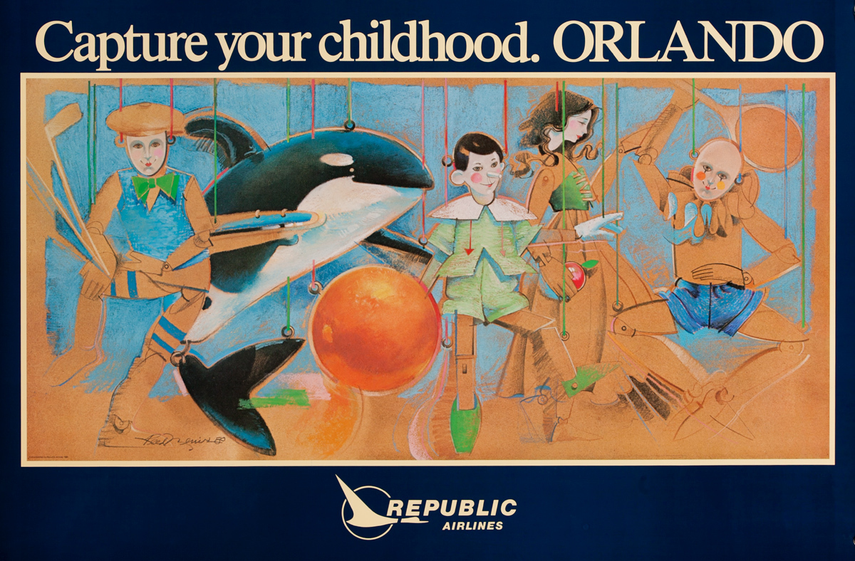 Republic Airlines, Capture Your Childhood.Orlando, Original Travel Poster