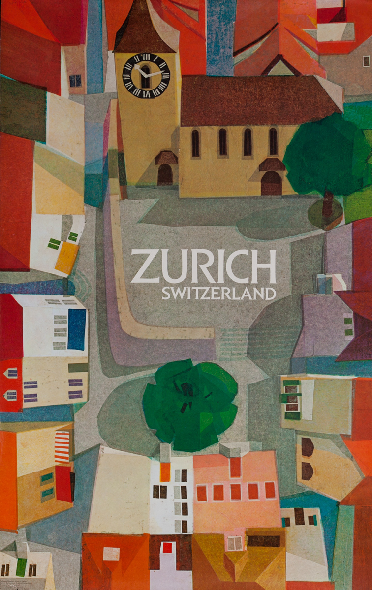 Zurich Switzerland Original Travel Poster, Town Square David Pollack