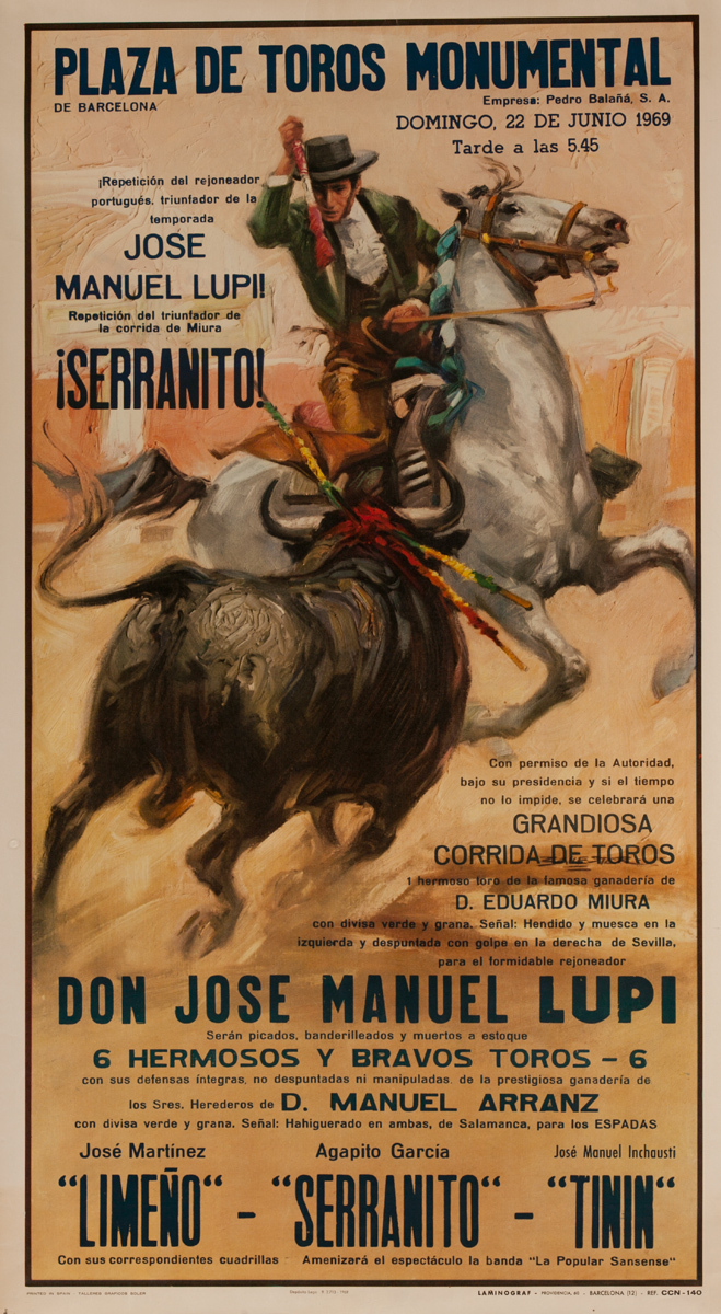 Plaza de Toros Monumental, Don Jose Manual Lupi Spanish Bullfight Poster