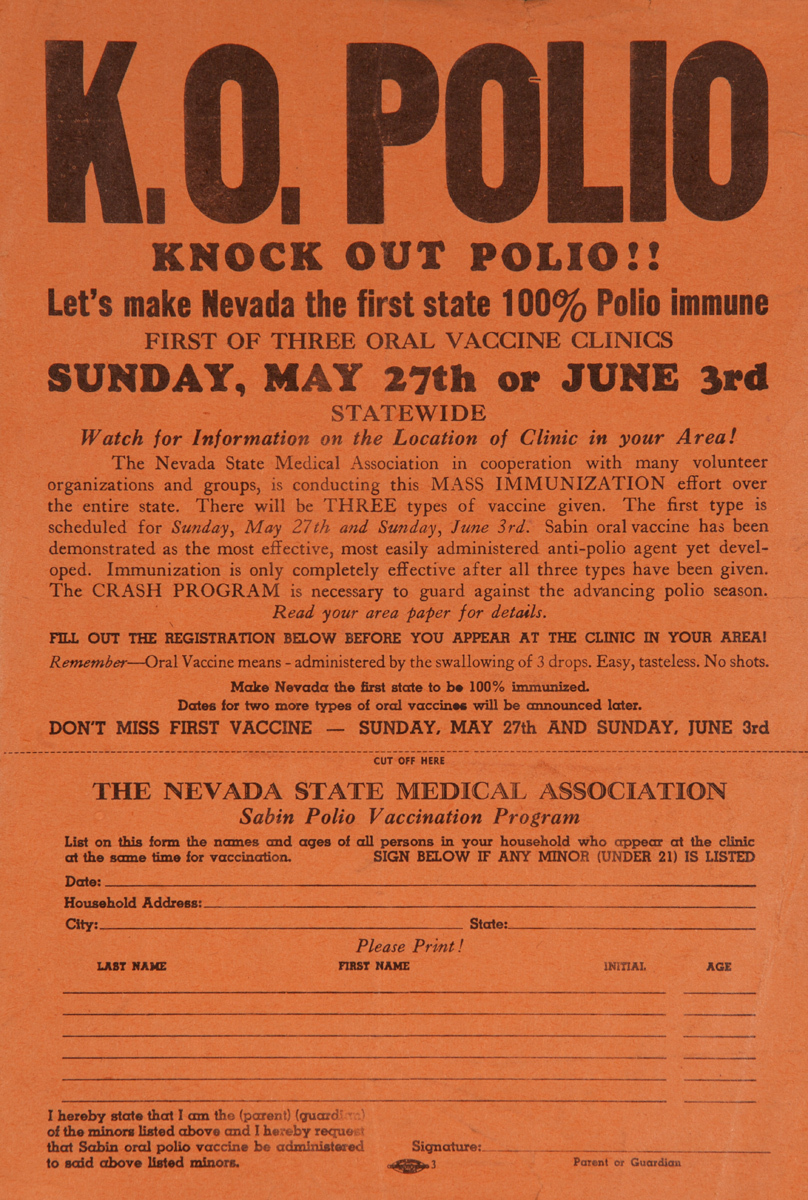 K O Polio, Knock Out Polio, Let's make Nevada the first state 100% Polio immune. Original Health poster. 