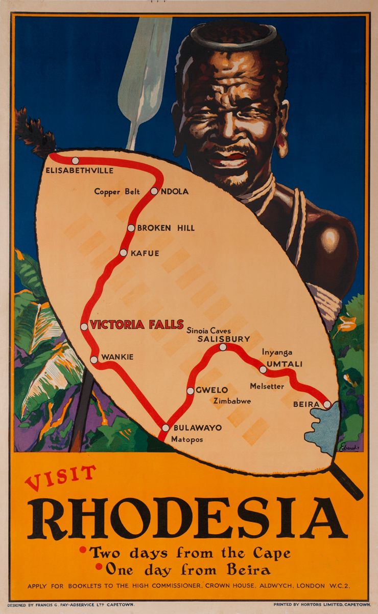 Visit Rhodesia: Two days from the Cape. One day from Beira, Original African Travel Poster