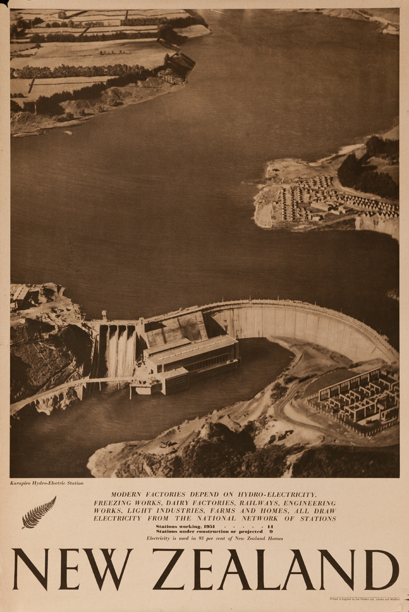 Karapiro Hydro-Electric Station, Original New Zealand Travel Poster