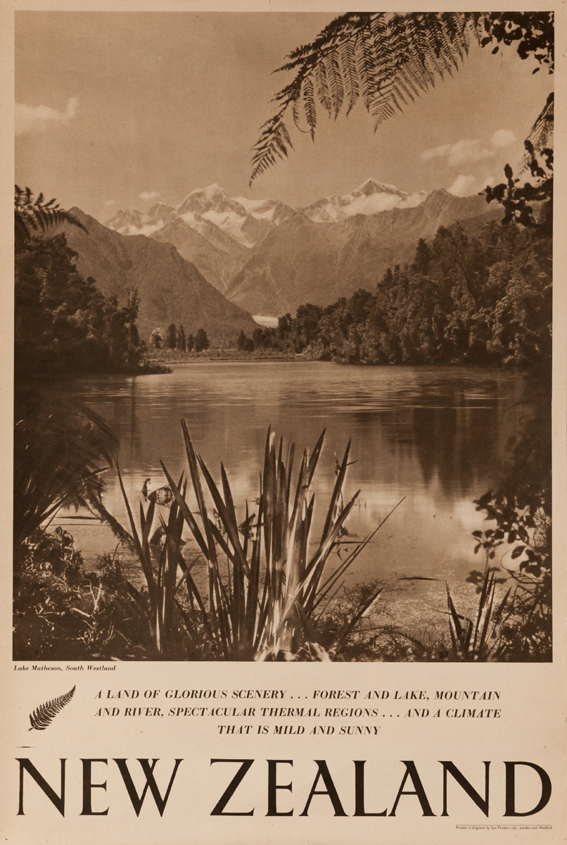 Lake Matheson, South Westland, A Land of Glorious Scenery, Original New Zealand Travel Poster