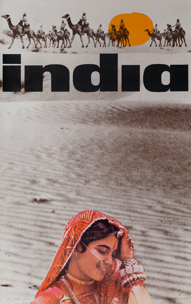 India Travel Poster, photomontage, woman in Sari and camel 