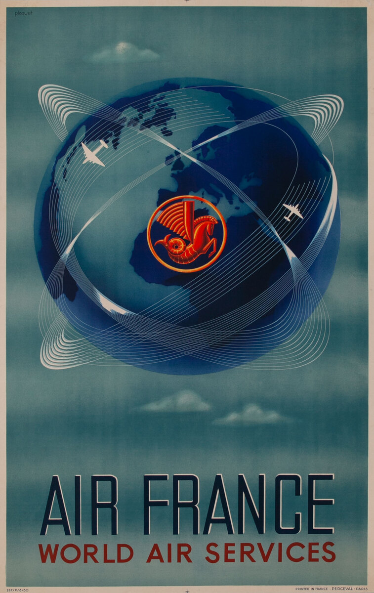 Air France World Air Service Original French Travel Poster