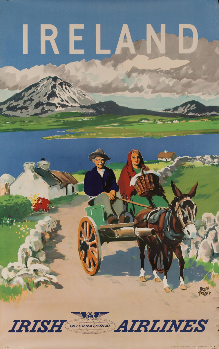 Irish Airlines Ireland Travel Poster, donkey cart