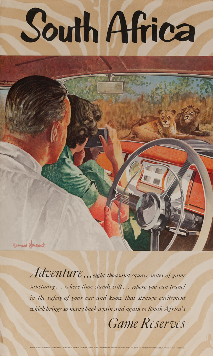 South Africa, Adventure Game Reserves, Original Travel Poster, Lion