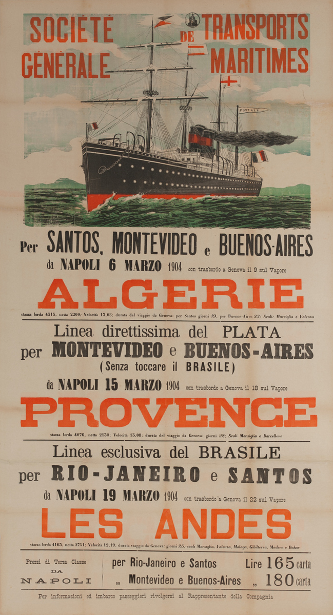 Societe Generale de Transports Maritimes, Original Italian Immigrent Ship Poster, Algerie Provence Les Andes
