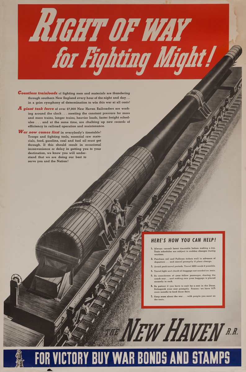 Right Of Way, for Fighting Might!, Original New Haven Railroad WWII Propaganda Poster