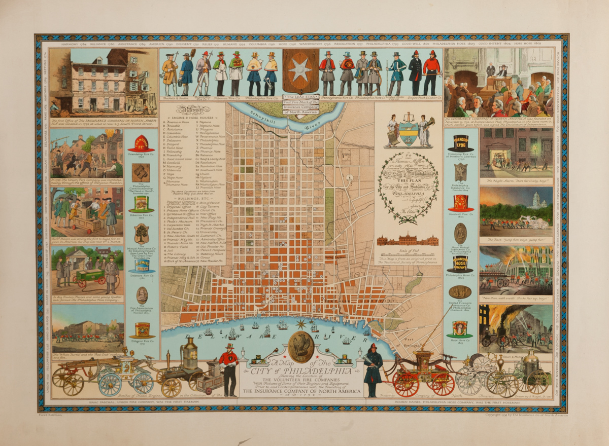 A Map of the City of Philadelphia, Showing the Location of The Volunteer Fire Companies, Original Souvenir Illustrated Map Poster