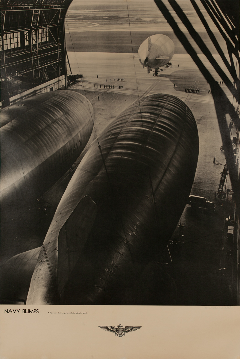 Navy Blimps K-Ships leave their hangers for Atlantic Submarine Patrol, Original American WWII Poster
