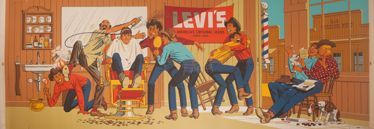 Original Huge Levi's Advertising Poster Cowboy Barber Shop