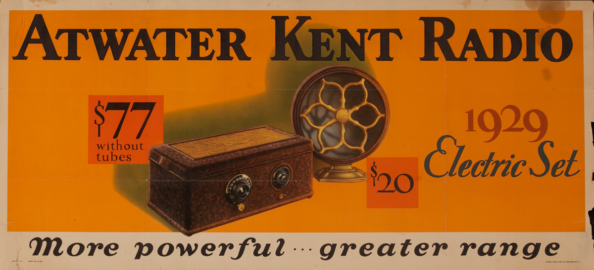 Atwater Kent Radio, Original American Advertising Poster, 1929 Electric Set $77