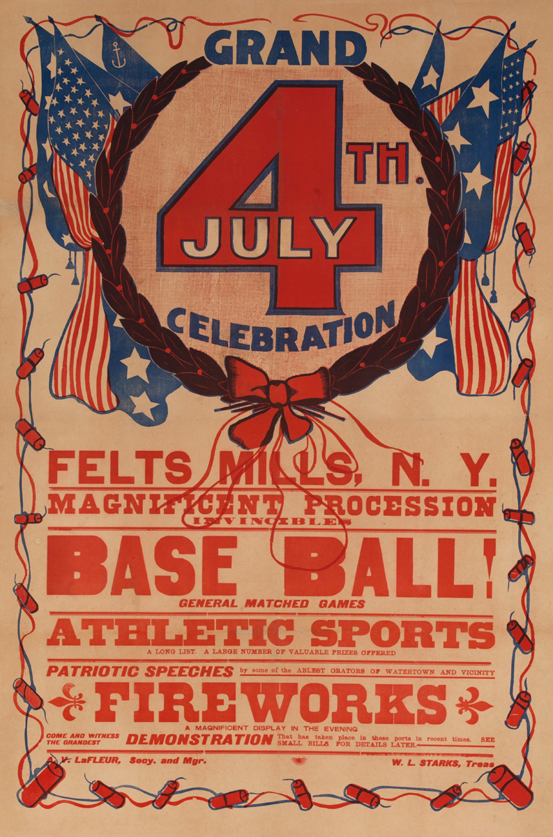 Grand 4th (of July) Celebration Base Ball Fireworks, Felt mills New York, Original American Advertising Poster
