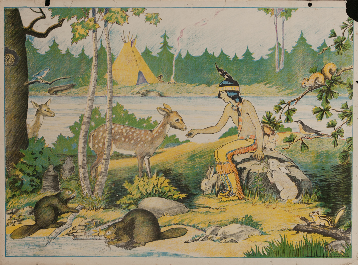 American Schoolhouse Poster, Native American with Deer