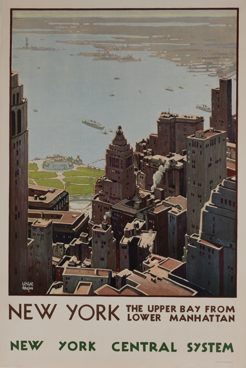 New York The Upper Bay from Lower Manhattan, Original New York Central System Railroad Advertising Poster