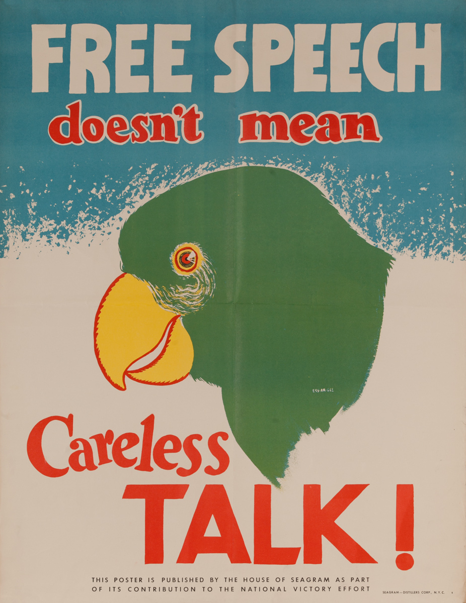 Free Speech Does Not Mean Careless Talk, Original WWII Poster