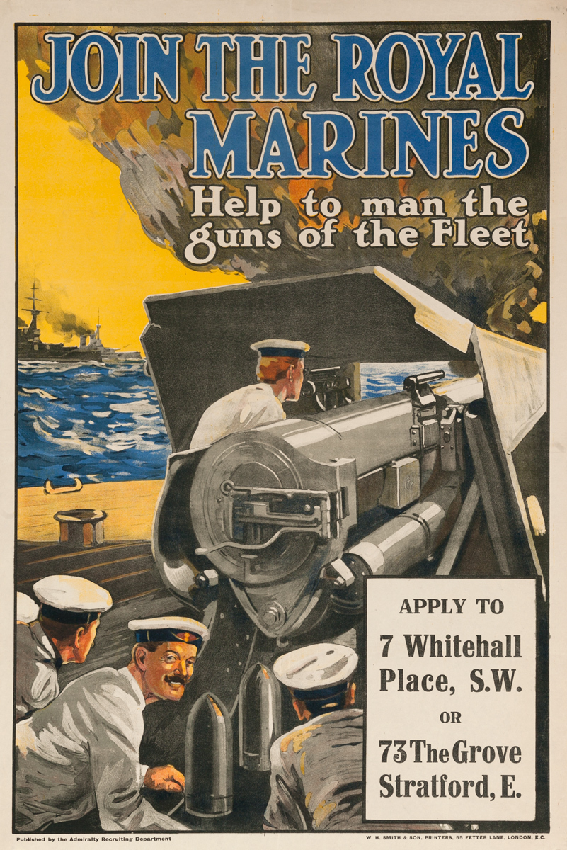 Join The Royal Marines, Help to man the guns of the Fleet, Original British WWI Poster